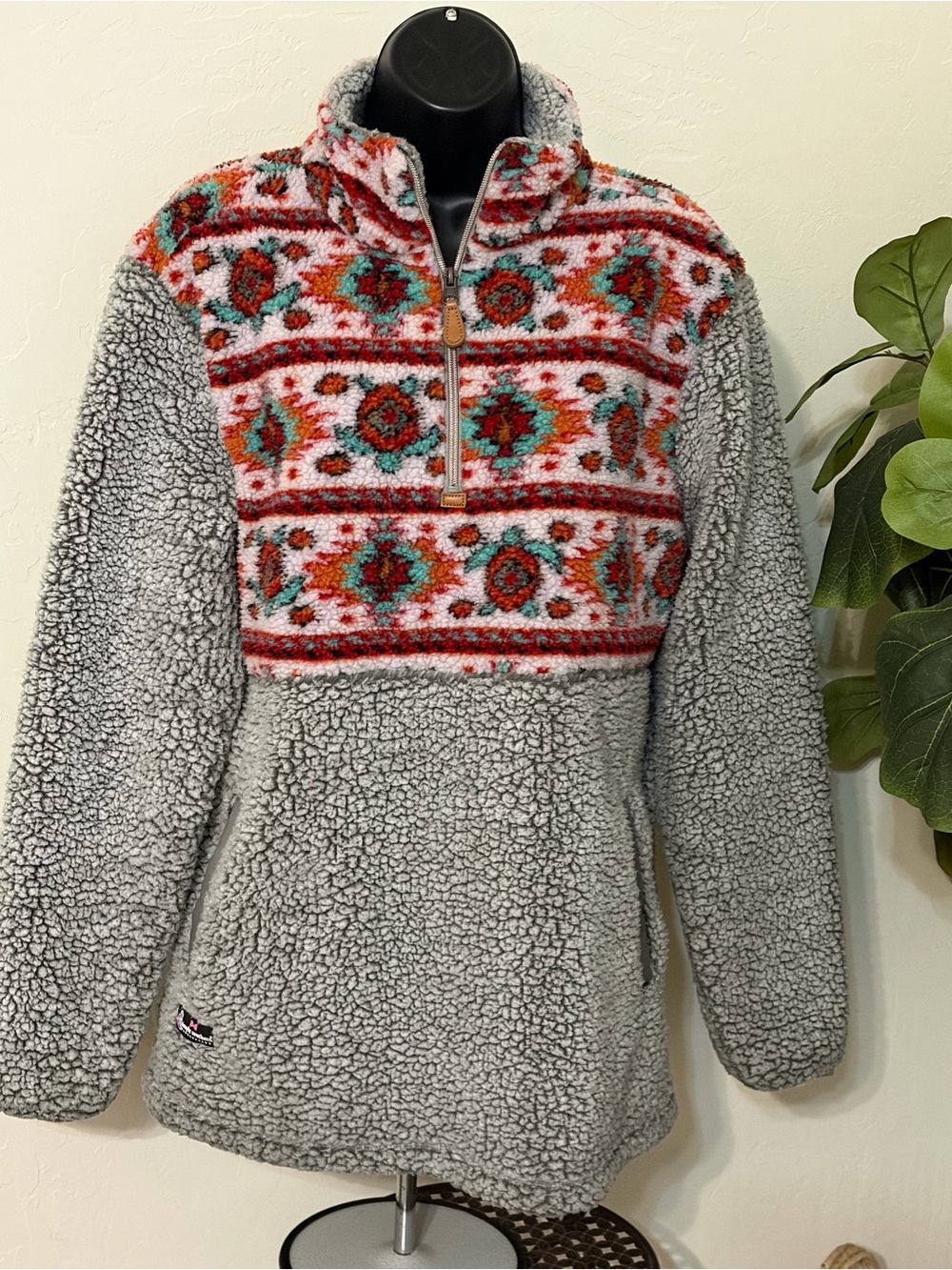 Simply Southern Gray Teddy Pullover with Multicolor Patterned Yoke